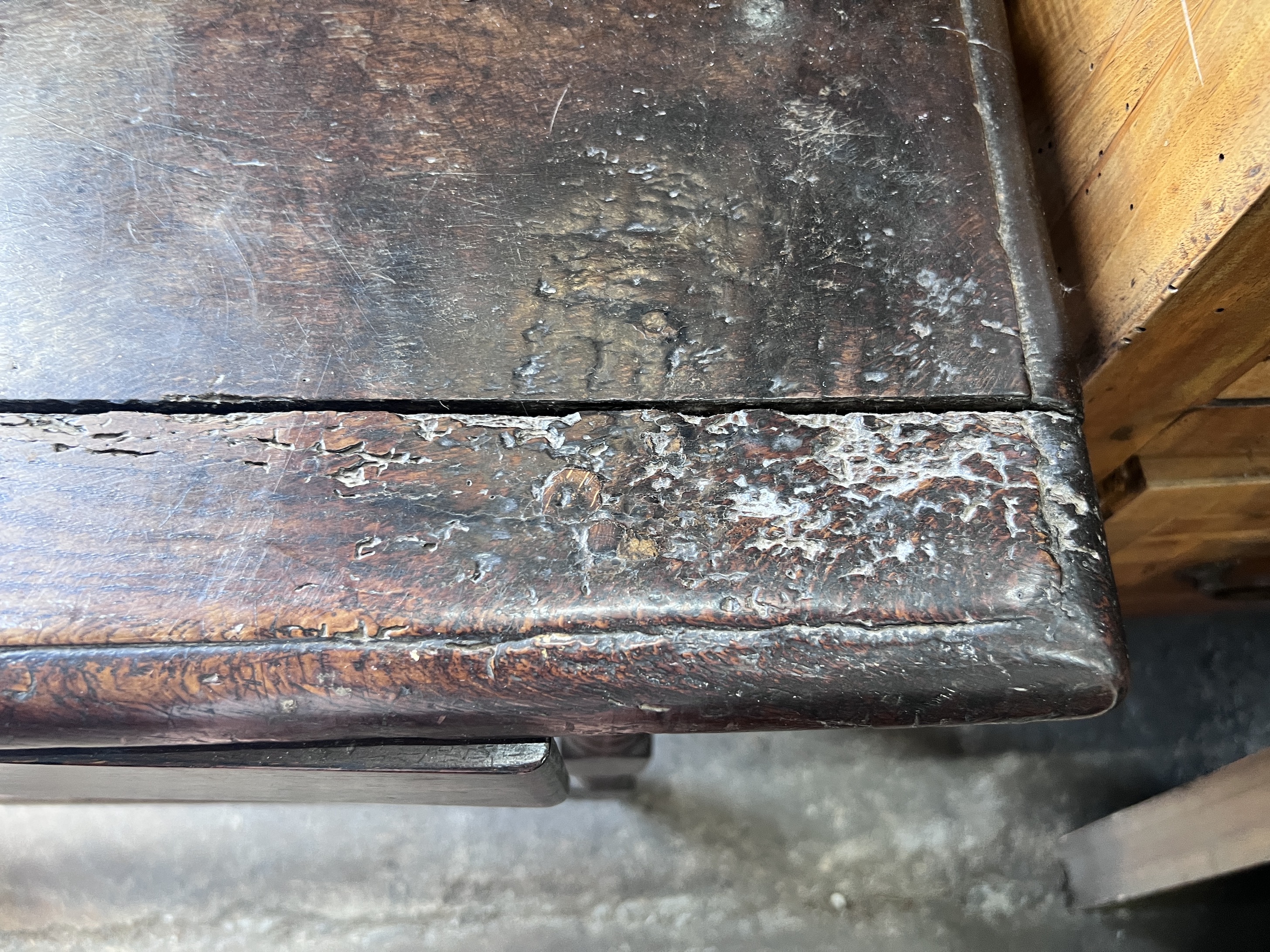 A 17th century oak side table, with bobbin turned legs, width 94cm, depth 54cm, height 69cm